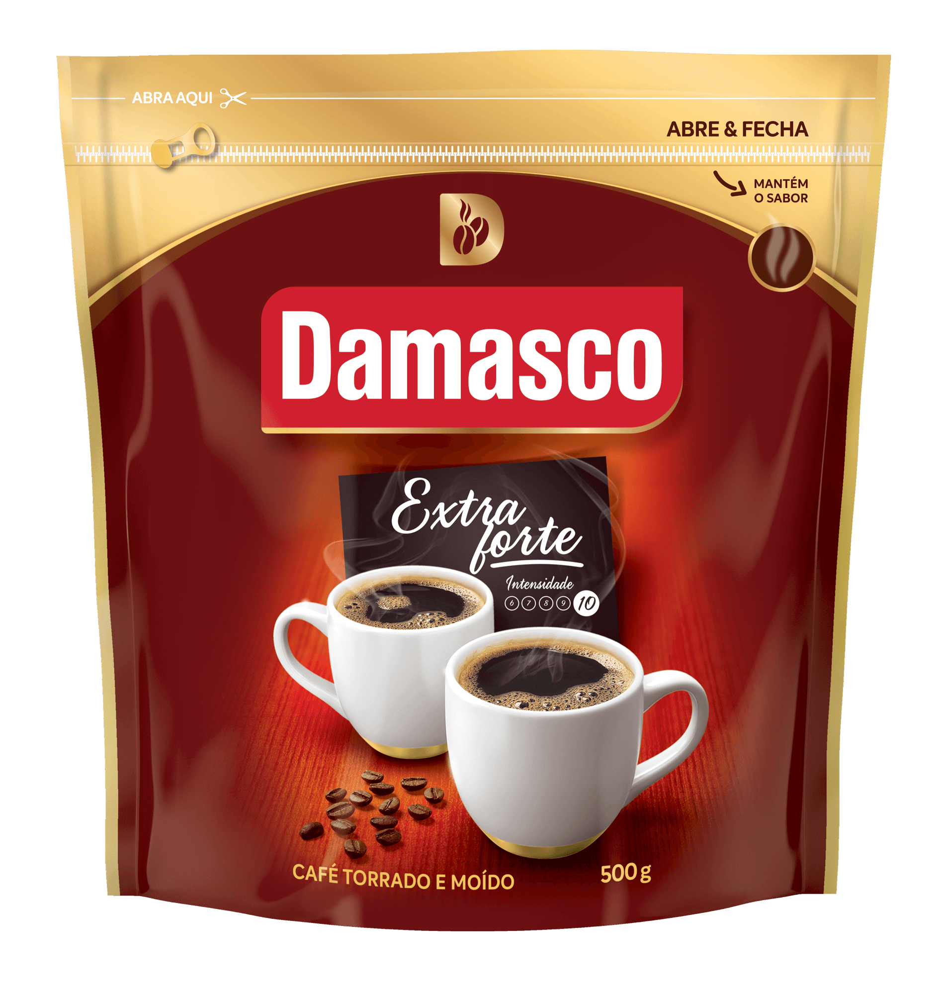 Pacote de produtos de Café Damasco Extraforte Abre e Fecha 500g
