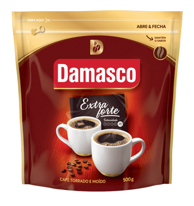 Pacote de produtos de Café Damasco Extraforte Abre e Fecha 500g