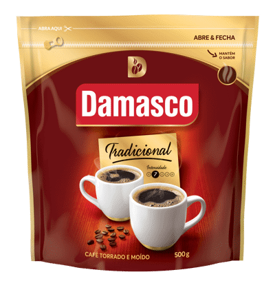 Pacote de produtos de Café Damasco Tradicional Abre e Fecha 500g